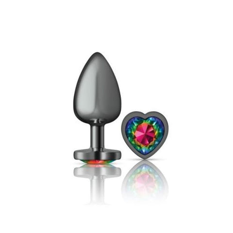 Cheeky Charms Gunmetal Butt Plug with Heart Rainbow Jewel Large > Anal Range > Jewel Butt Plugs