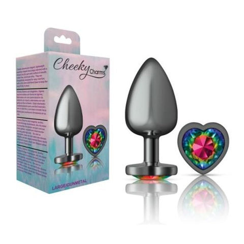Cheeky Charms Gunmetal Butt Plug with Heart Rainbow Jewel Large > Anal Range > Jewel Butt Plugs