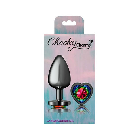 Cheeky Charms Gunmetal Butt Plug with Heart Rainbow Jewel Large > Anal Range > Jewel Butt Plugs