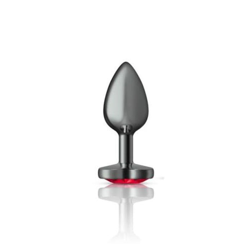 Cheeky Charms Gunmetal Butt Plug with Heart Red Jewel Small Red > Anal Range > Jewel Butt Plugs
