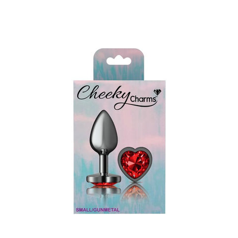 Cheeky Charms Gunmetal Butt Plug with Heart Red Jewel Small > Anal Range > Jewel Butt Plugs