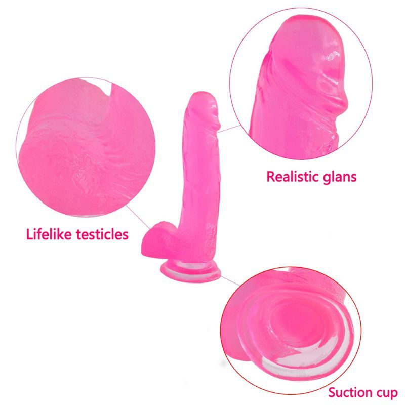 Jelly Studs 8 Inch Pink Realistic Curved Dildo features: realistic glans, lifelike testicles, suction cup