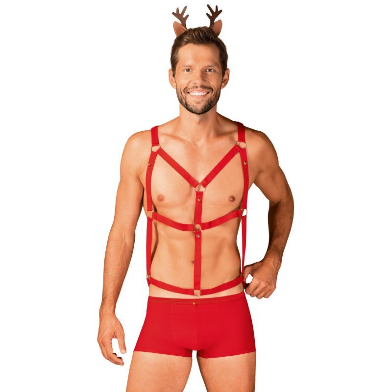 Mr Reindeer – Elastic Mesh 3 Piece Mens Lingerie Set L/XL Red Large Extra Large > Clothes > Costumes > Mens