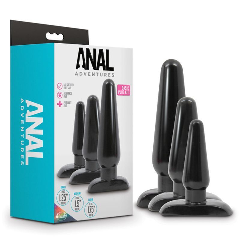 Anal Adventures 3 Pc Basic Plug Kit (Black) – Beginner 4 Inch and Medium > Anal Range > Butt Plug Kits