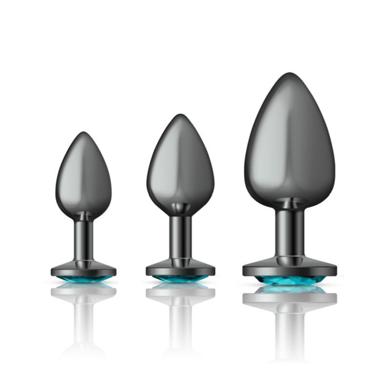 Cheeky Charms Round Metal Butt Plug Gunmetal Three Piece Kit with Teal Jewel > Anal Range > Butt Plug Kits