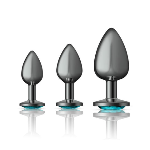 Cheeky Charms Round Metal Butt Plug Gunmetal Three Piece Kit with Teal Jewel Green > Anal Range > Butt Plug Kits