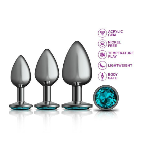 Cheeky Charms Round Metal Butt Plug Gunmetal Three Piece Kit with Teal Jewel > Anal Range > Butt Plug Kits