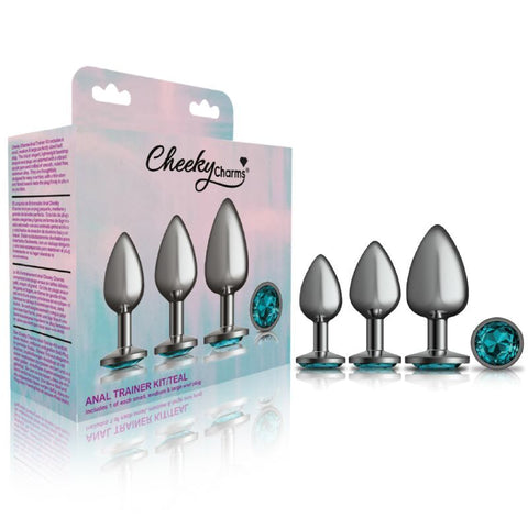 Cheeky Charms Round Metal Butt Plug Gunmetal Three Piece Kit with Teal Jewel > Anal Range > Butt Plug Kits