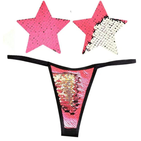 Neon Pink and Silver Blacklight Sequin Pastie and Panty Set Lingerie Sets