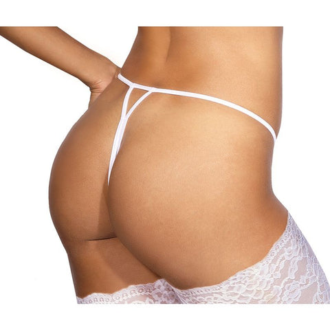 Lace Open Front G-String in White with Crotchless Design and Frontal Bow Medium Lingerie