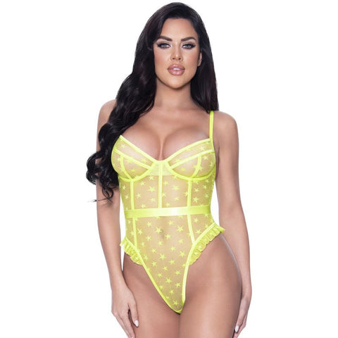 Exposed by Magic Silk Star Design High Leg Teddy Lingerie Lime Small Medium Teddies