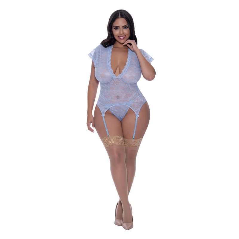 Cap Sleeve Lace Basque and Thong Lingerie Set Plus Queen > Clothes > Lingerie Sets