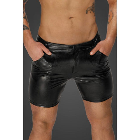Snake Wetlook Mid-Length Shorts with Back Pockets for Men Black Large Mens Apparel