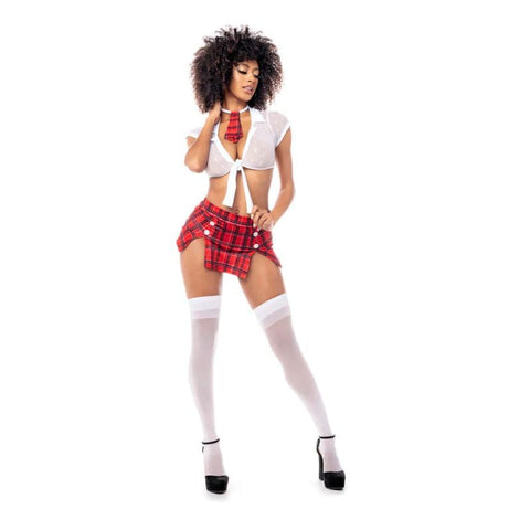 Sexy Schoolgirl Costume for Women with Sheer Front Tie Top and Flirty Skirt Large Extra Large Costumes