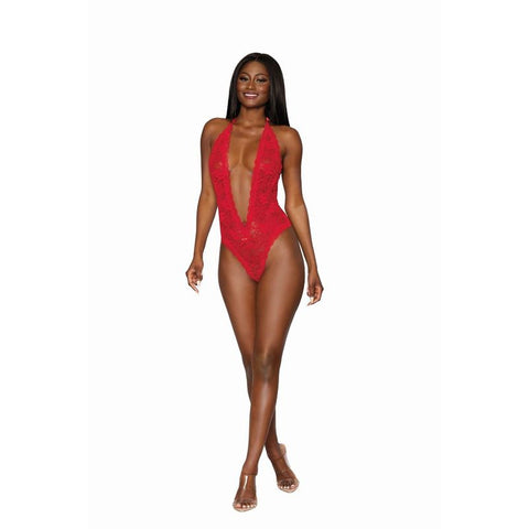 Dreamgirl Heart Back Deep V-Neck Teddy in Black Red One Size Lingerie