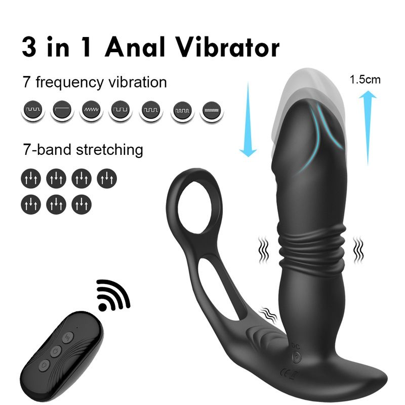 Thrusting Silicone Butt Plug with Cockring and Remote – Waterproof Remote-Controlled Butt Plug ANAL TOYS