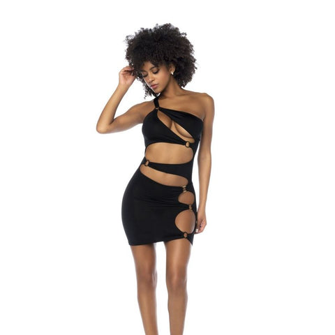 Asymmetrical Cut Out Dress with Ring Details in Black Black Large Extra Large Dresses