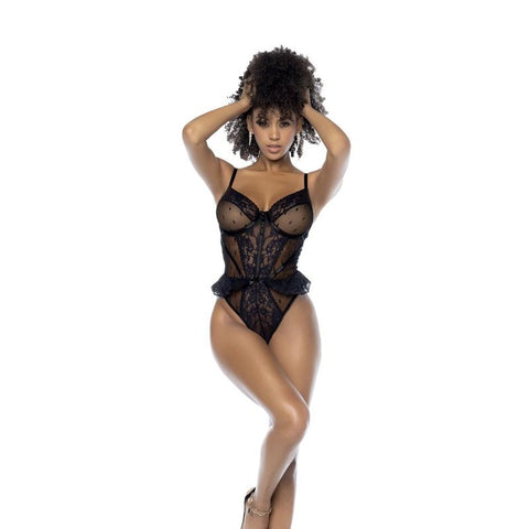 Black Bodysuit with Lace Ruffles Black Large Extra Large Bodystocking
