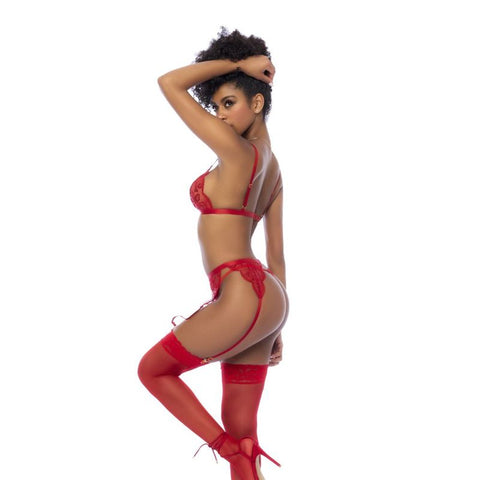 Red 3 Piece Set with Bralette, Garter Belt, and Thong – Luxury Lingerie Set > Clothes > Bra Sets
