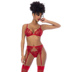 Red 3 Piece Set with Bralette, Garter Belt, and Thong – Luxury Lingerie Set Red Large Extra Large > Clothes > Bra Sets