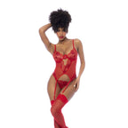Red Sequin Embroidered Mesh Bustier Two-Piece Set with Matching Thong – Lingerie Red Large Extra Large > Clothes > Bra Sets