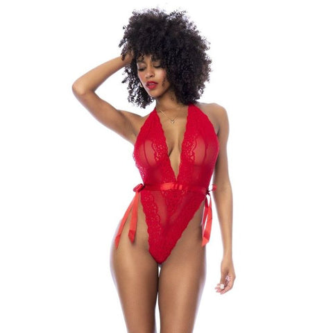 Red Lace Bodysuit with Side Ties for Intimate Wear Red Large Extra Large Bodystocking