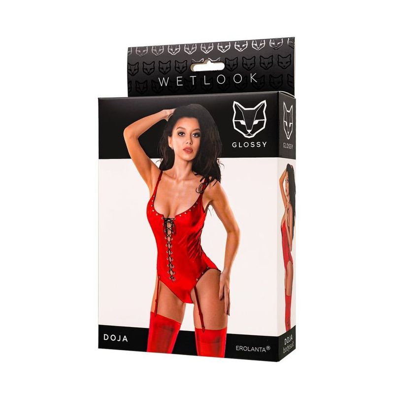 Glossy Doja (Red) – Elegant Wetlook Spandex Lingerie Bodysuit With Garter Straps Bodystocking