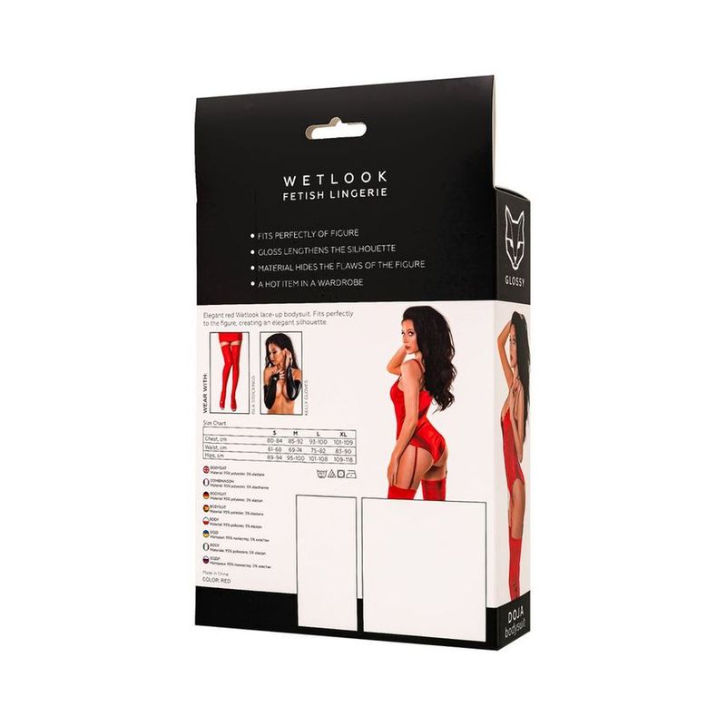 Glossy Doja (Red) – Elegant Wetlook Spandex Lingerie Bodysuit With Garter Straps > Clothes > Bodies and Playsuits