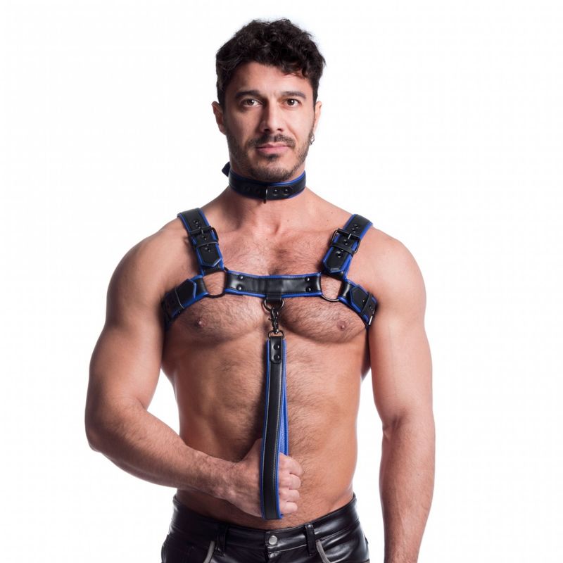 Vegan Bulldog Harness in Black and Blue for Men Fetish Play Mens Harnesses
