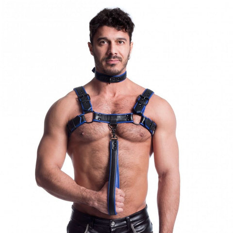 Vegan Bulldog Harness in Black and Blue for Men Fetish Play Mens Harnesses