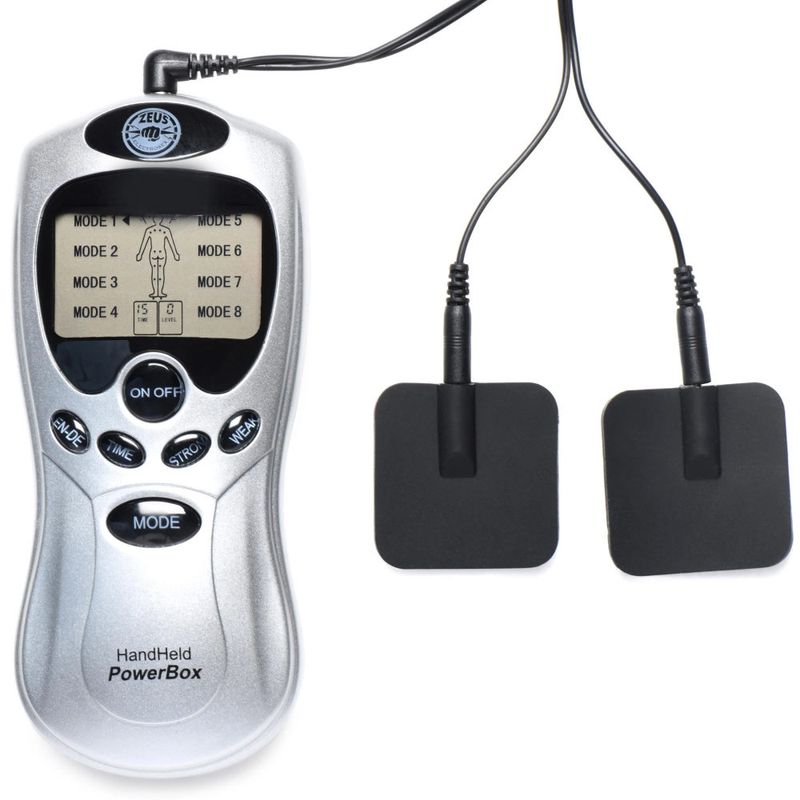 Zeus Handheld Power Box with Black Silicone Pads – Portable 8 Mode Electro Stimulation Unit Silver E-STIM TOYS Main image