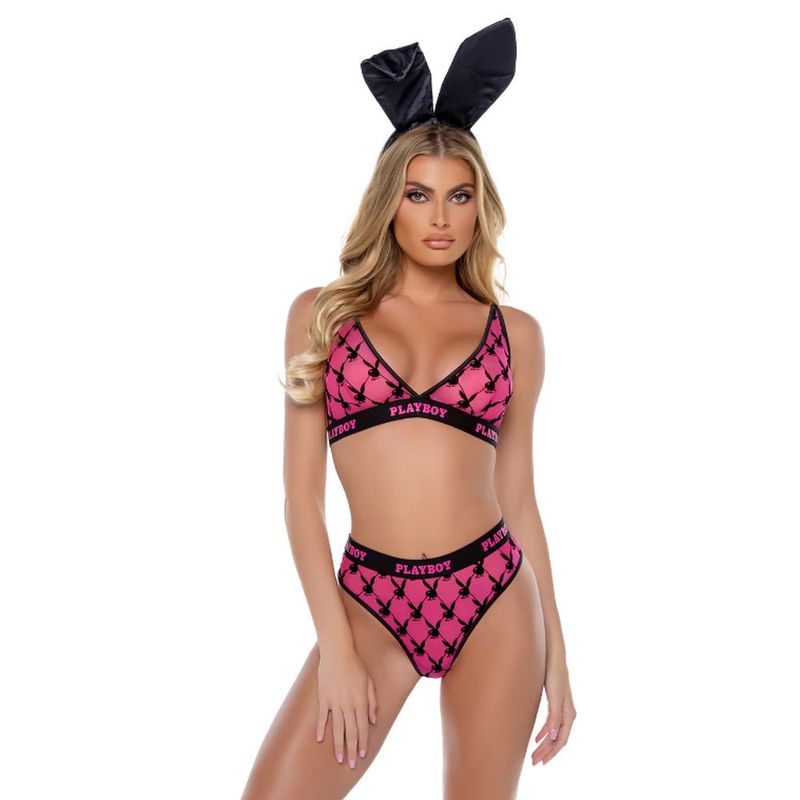 Playboy Flocked Bunny Lingerie Set (Black) – Soft-Cut Bralette and High-Rise Thong Lingerie Pink Small > Clothes > Bra Sets