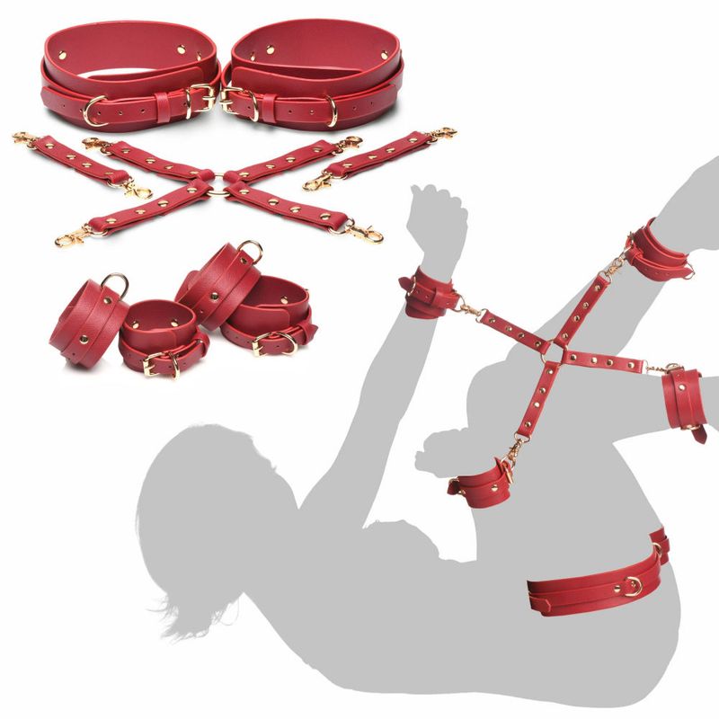 Crimson Captive Thigh, Wrist, and Ankle Hog Tie Restraints – Vegan Leather Restraint Set Secondary image