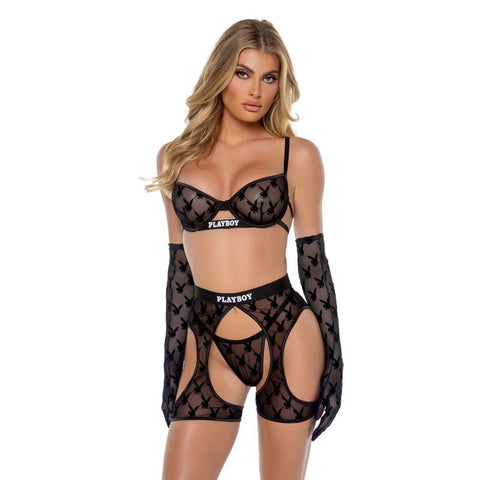 Playboy Flocked Bunny Chaps Set (Black) – Bold Lingerie Set Black Medium Lingerie Sets