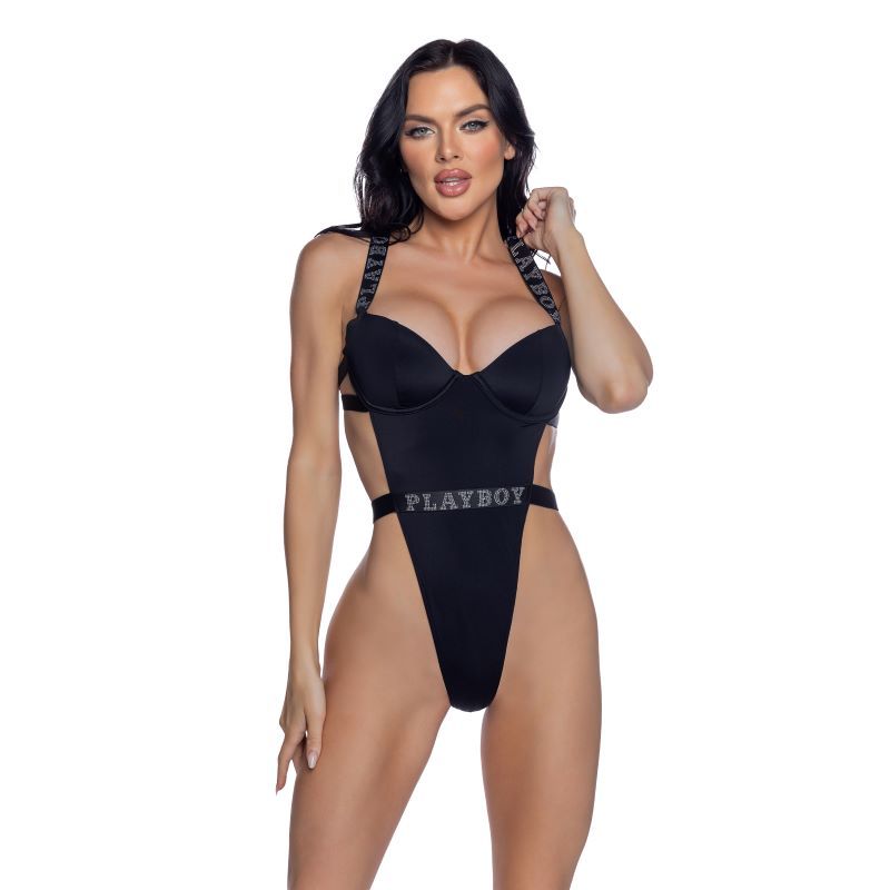 Playboy High-Leg Bodysuit with Rhinestone Logo – One-Piece Swimsuit Black Large > Clothes > Womens > Swimwear