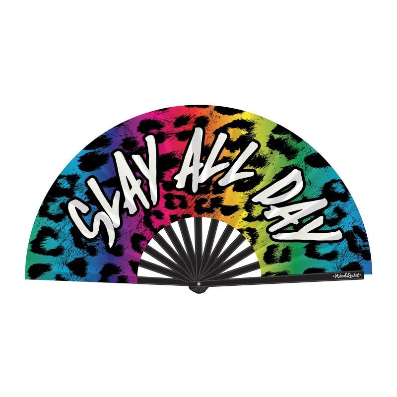 Slay All Day (Rainbow Leopard Print) Large Folding Hand Fan – Glossy Bamboo and Satin Fan Rainbow > Clothes > Accessories Main image
