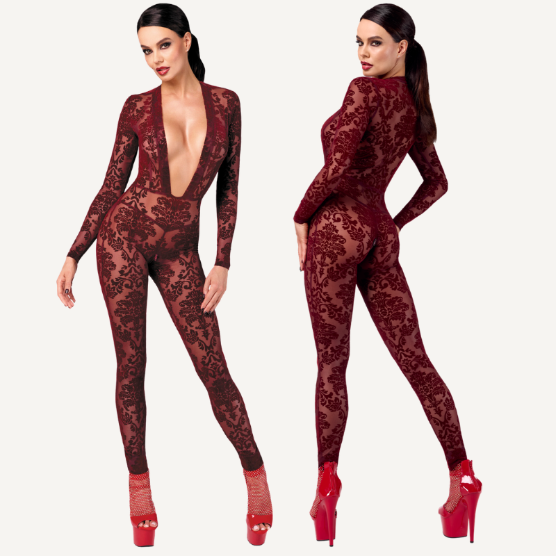 Kink Royal V Neck – Elastic Sheer Flocked Mesh Catsuit Red Medium > Clothes > Bodies and Playsuits