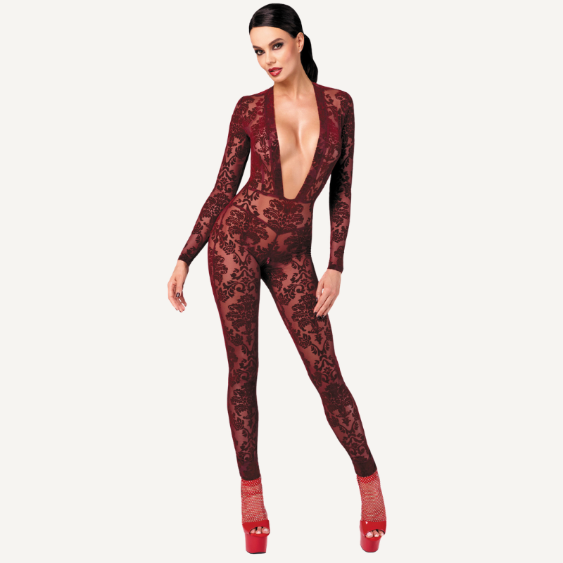 Kink Royal V Neck – Elastic Sheer Flocked Mesh Catsuit > Clothes > Bodies and Playsuits