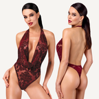 Kink Royal Plunge Halter – Transparent Elastic Mesh Bodysuit Red Small > Clothes > Bodies and Playsuits