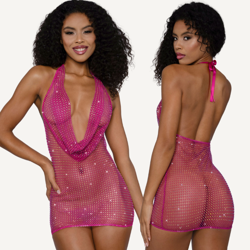 DreamGirl Rhinestone Cowl Neck Mini Dress Pink Pink Small Medium > Clothes > Dresses and Chemises