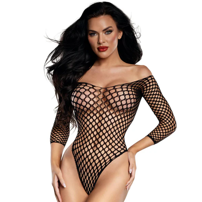 DreamGirl Fishnet Off-The-Shoulder Curve Enhancing Bodysuit Black > Clothes > Bodies and Playsuits Main image