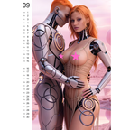 A vertical art print or poster featuring two futuristic humanoid robots in a romantic pose against a soft pink sky, with a narrow white margin on the left containing the number 09 and a list of days. The robots have metallic silver bodies with glowing orange accents, and the scene has pink star-like highlights.