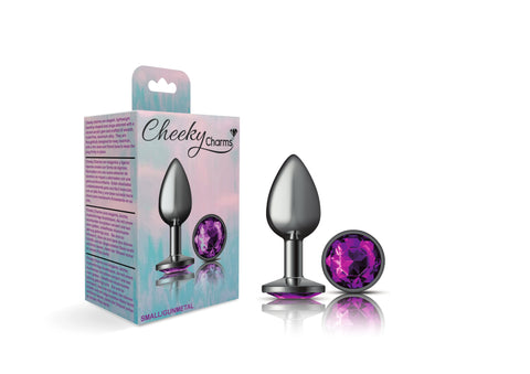 Cheeky Charms Gunmetal Round Butt Plug with Purple Jewel Small Purple > Anal Range > Jewel Butt Plugs