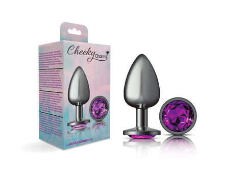 Cheeky Charms Gunmetal Round Butt Plug with Purple Jewel Large Purple > Anal Range > Jewel Butt Plugs