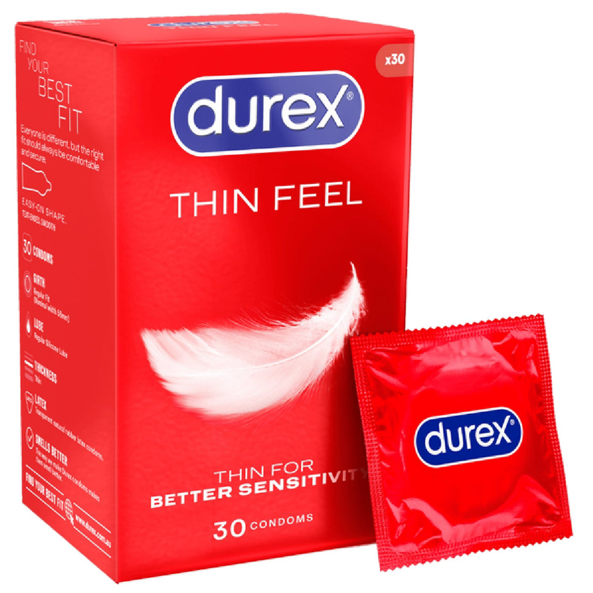 Durex Thin Feel – 20 Percent Thinner Latex Condoms 30 Pack > Essentials > Condoms