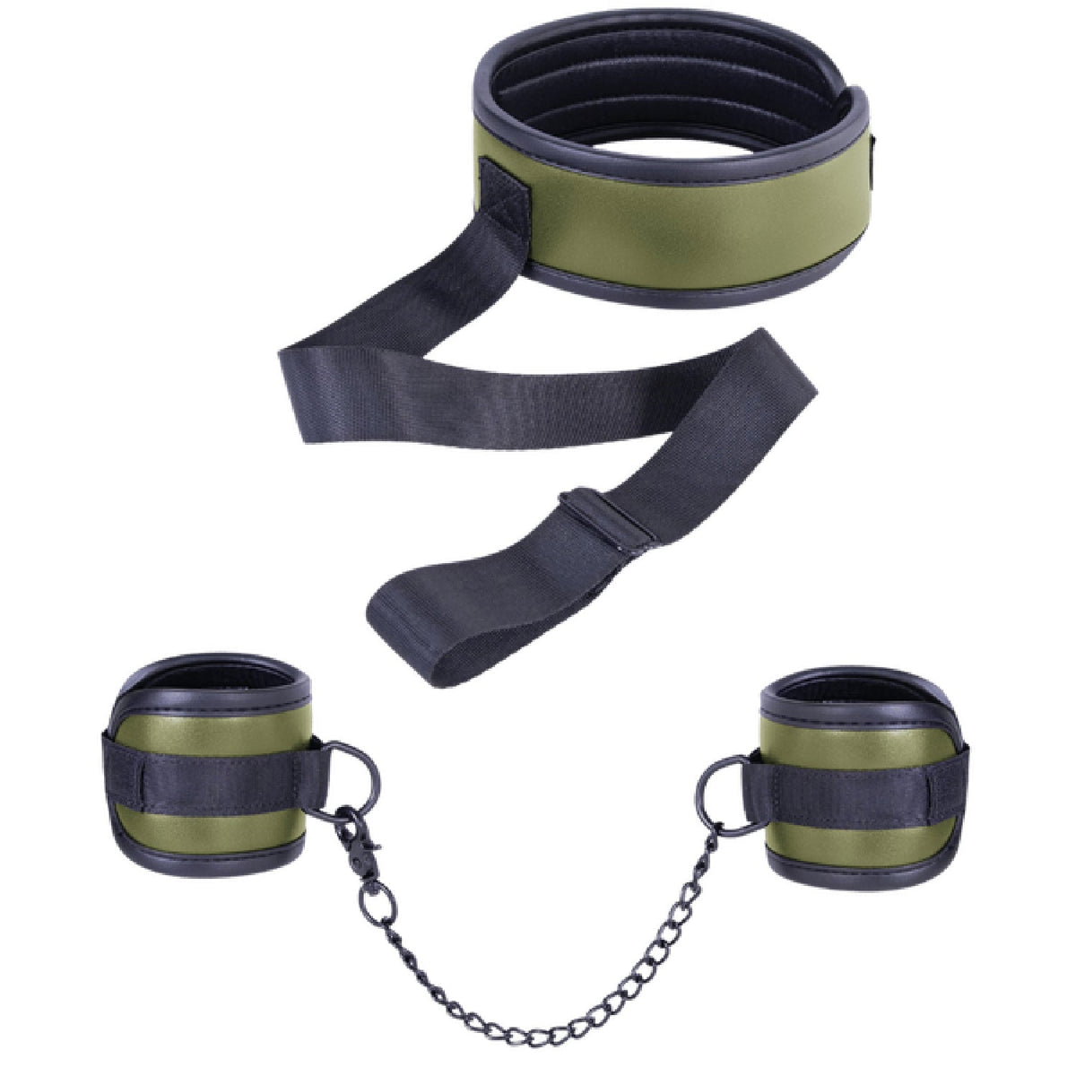 Adjustable Collar with Handcuffs – Velcro Lock, Webbing Strap, 22.4cm Chain Green > Bondage Gear > Restraints