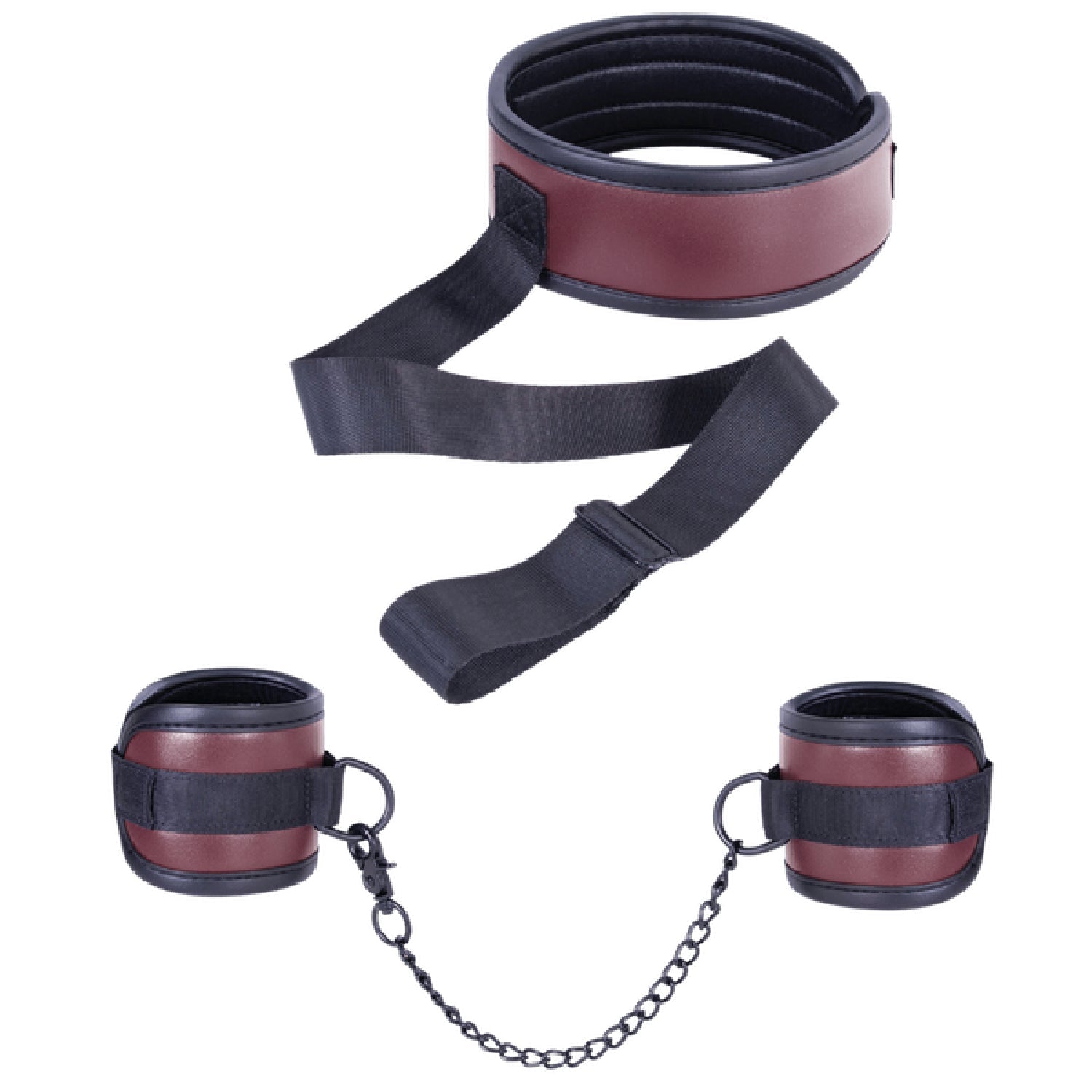 Adjustable Brown Collar with Handcuffs – Velcro Lock, Webbing Strap, 22.4cm Chain > Bondage Gear > Restraints Main image