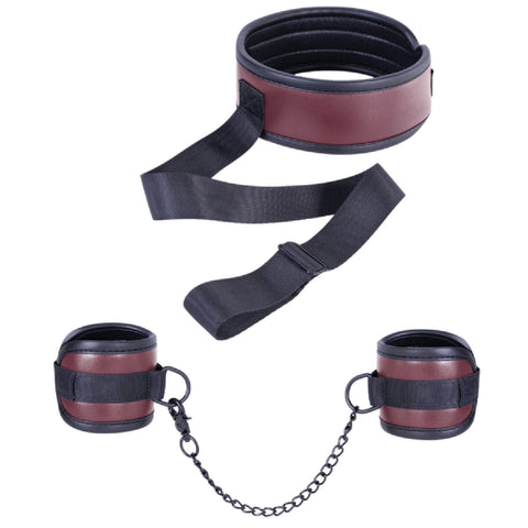 Adjustable Brown Collar with Handcuffs – Velcro Lock, Webbing Strap, 22.4cm Chain > Bondage Gear > Restraints