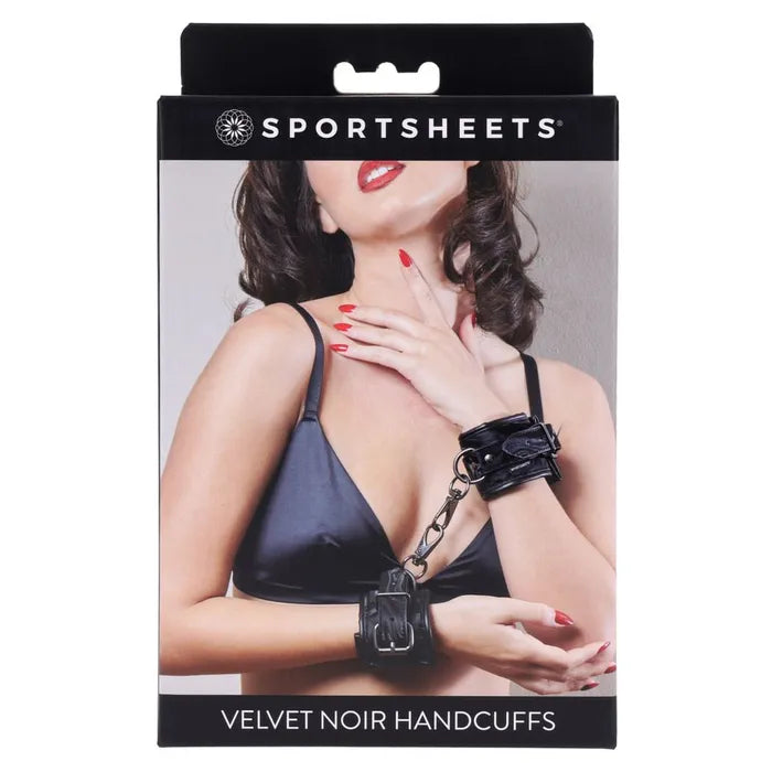 Sportsheets Velvet Noir Handcuffs Adjustable Cuff Restraints in Black Leather with Hematite Hardware > Bondage Gear > Restraints