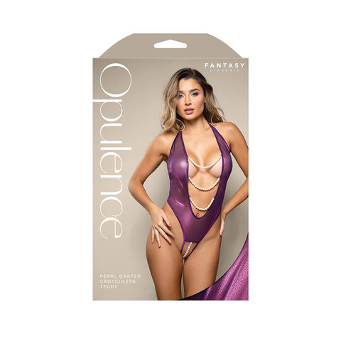 Opulence Pearl Draped Crotchless Teddy in Purple M/L Size LINGERIE & BODY WEAR